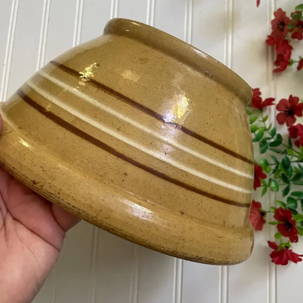 Antique 1930s Yellowware Stoneware Nesting Mixing Bowl White Brown Stripe Set x4